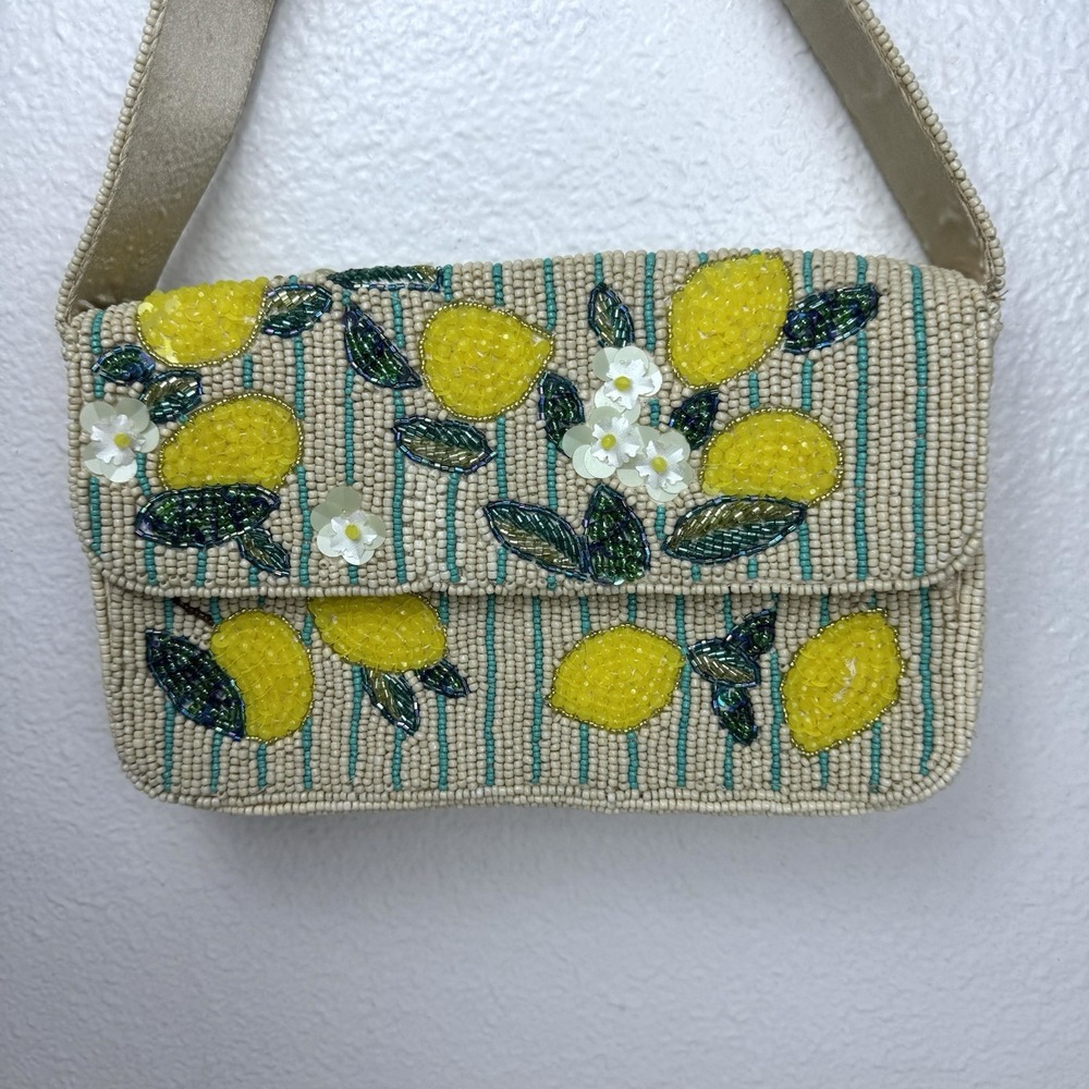 Viral Beaded Lemon Floral Shoulder Bag Purse Striped Lined Fruit Party Vacation